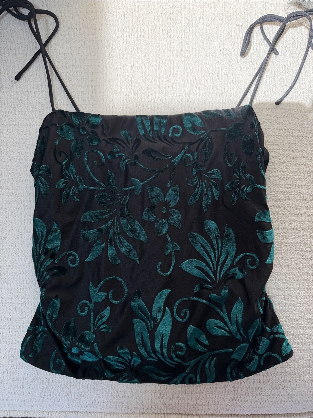 Black and Teal Floral Velvet Tie Shoulder Top